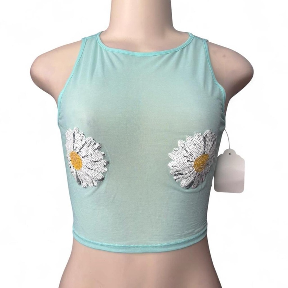 Rave Crop Top Mint Mesh with Daisy Sequin Details